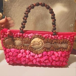 Sun and Sand hot pink wood, shell, and bead rectangle retro tiki style handbag